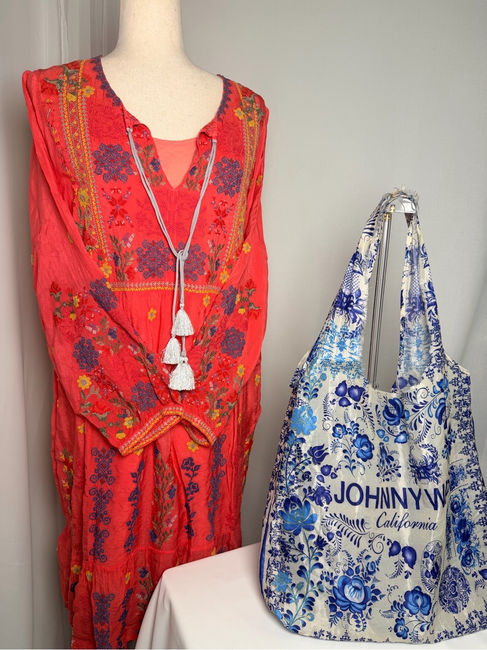 🌺Johnny Was Margot Embroidered Tassel Peasant Midi Dress Coral Red Boho